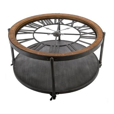 Stolik kawowy Ø 90 cm metalowy zegar blat szkło